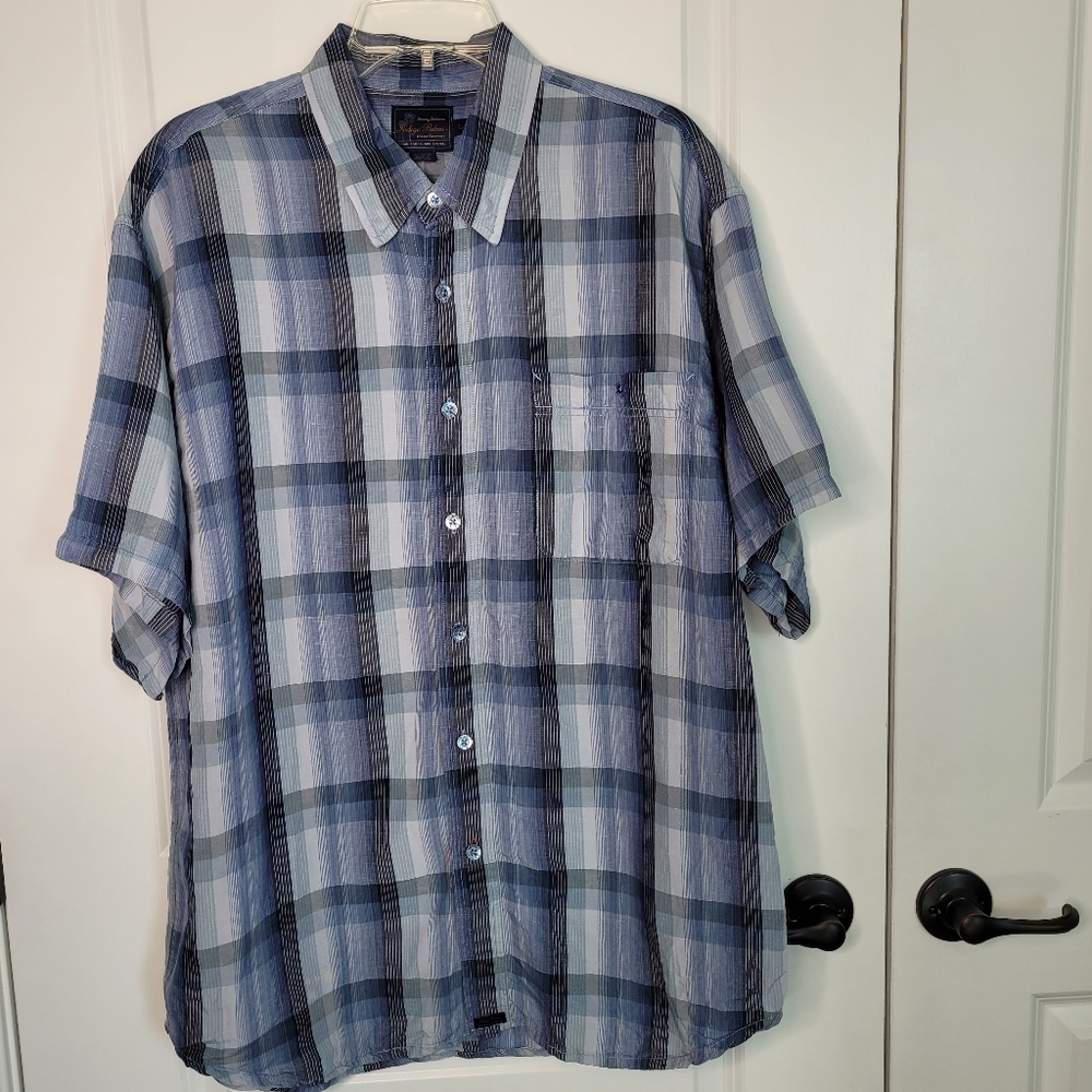 Tommy Bahama Indigo Palms Linen Tencel Blnd Blue Plaid Short Sleeve Shirt Mens L